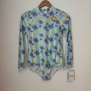 Hurley Floral Long Sleeve Kids Bodysuit - Blue and Purple